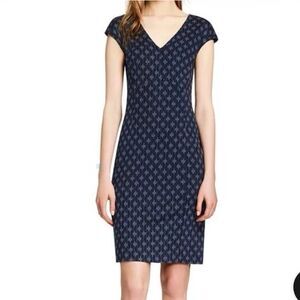 Tory Burch 100% Silk Libby Dress Pinstripe Logo Print Navy Blue Cap Sleeve Large